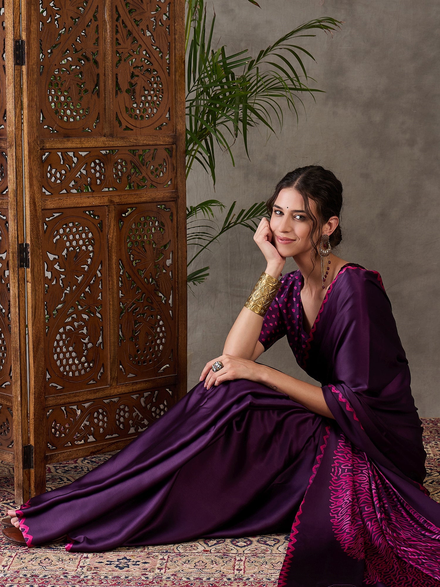 Purple Pure Semi Modal Japan Silk Ajarkh Printed Saree 