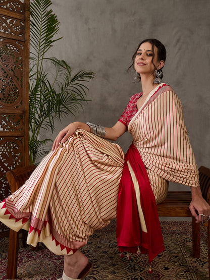 Cream Pure Semi Modal Silk Ajarkh Printed Saree 