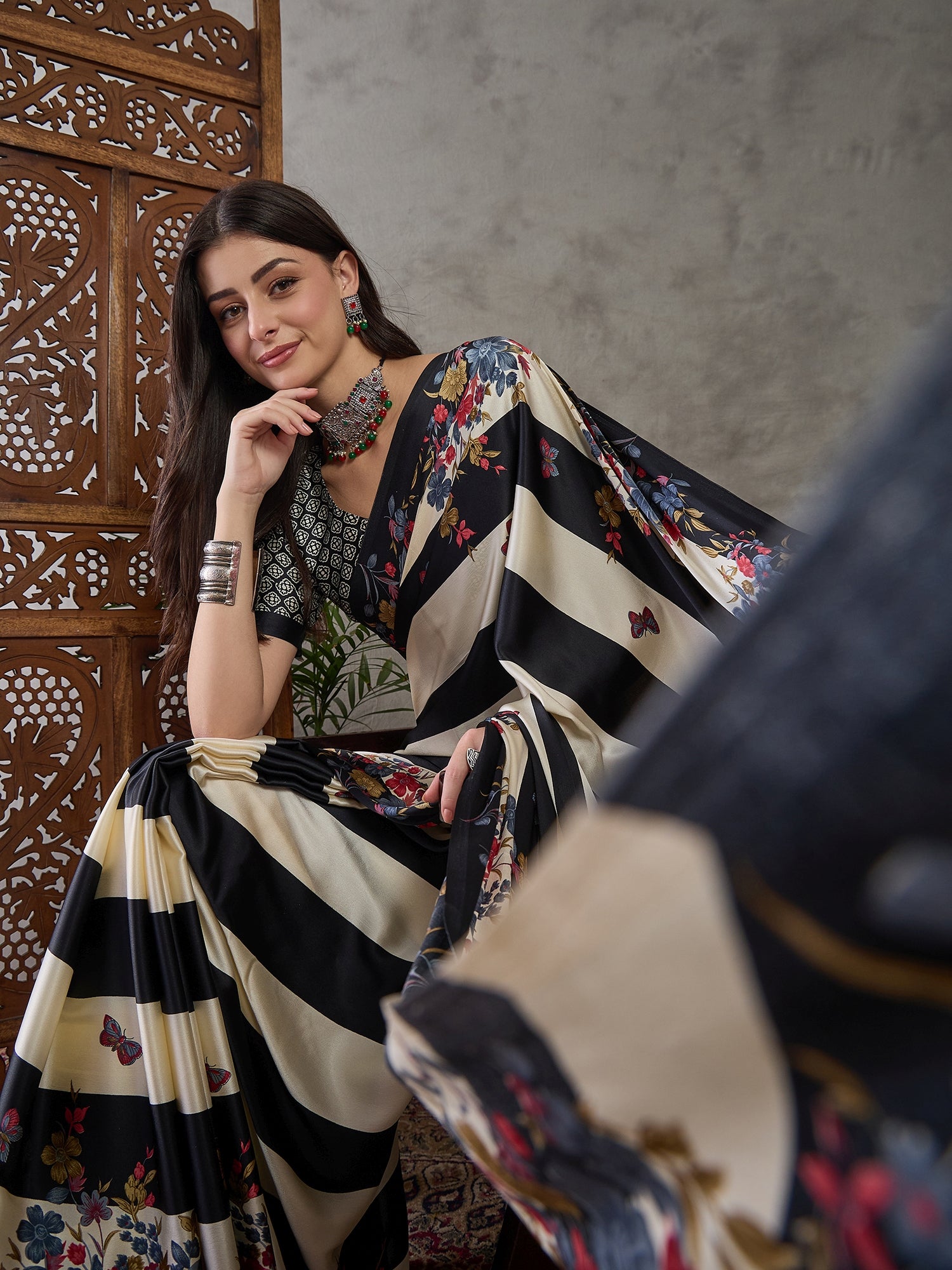 Black Pure Semi Modal Japan Silk Ajarkh Printed Saree 