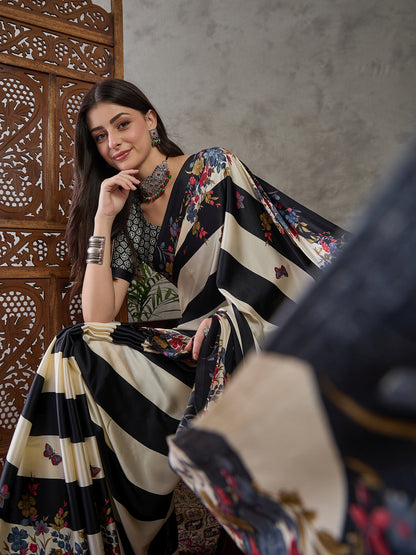 Black Pure Semi Modal Japan Silk Ajarkh Printed Saree 