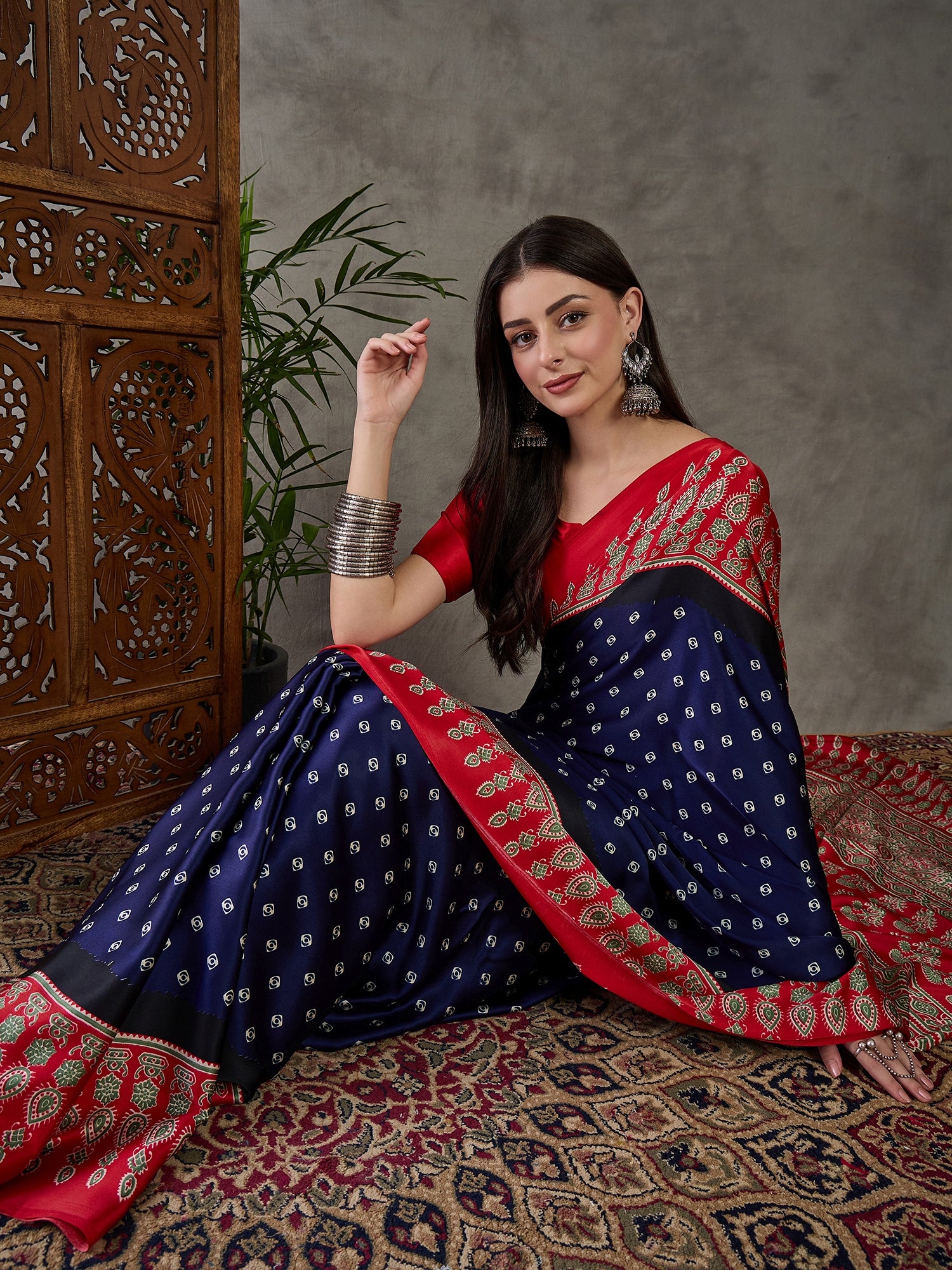 Blue Pure Semi Modal Silk Ajarkh Printed Saree