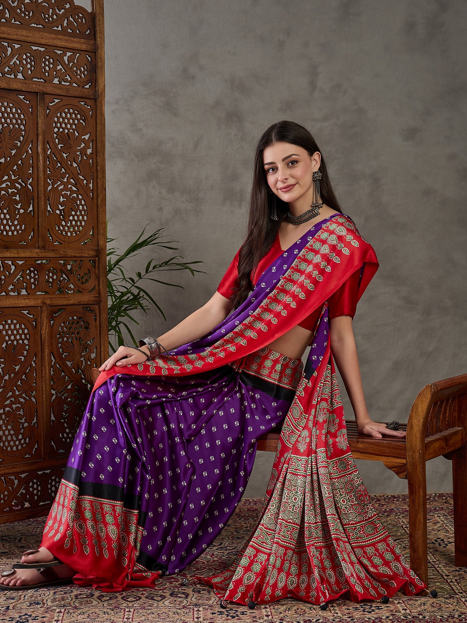 Purple Pure Semi Modal Silk Ajarkh Printed Saree ##color## Floral Printed Saree with premium fabric and embroidery