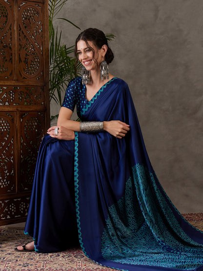Blue Pure Semi Modal Japan Silk Ajarkh Printed Saree 