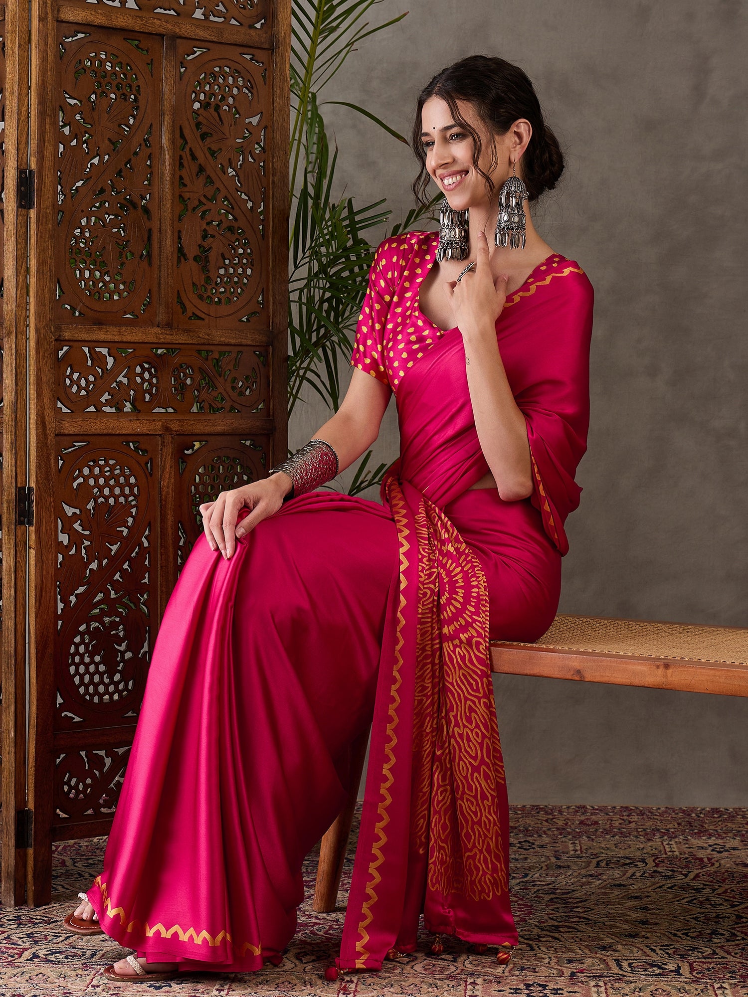 Pink Pure Semi Modal Japan Silk Ajarkh Printed Saree ##color## Floral Printed Saree with premium fabric and embroidery