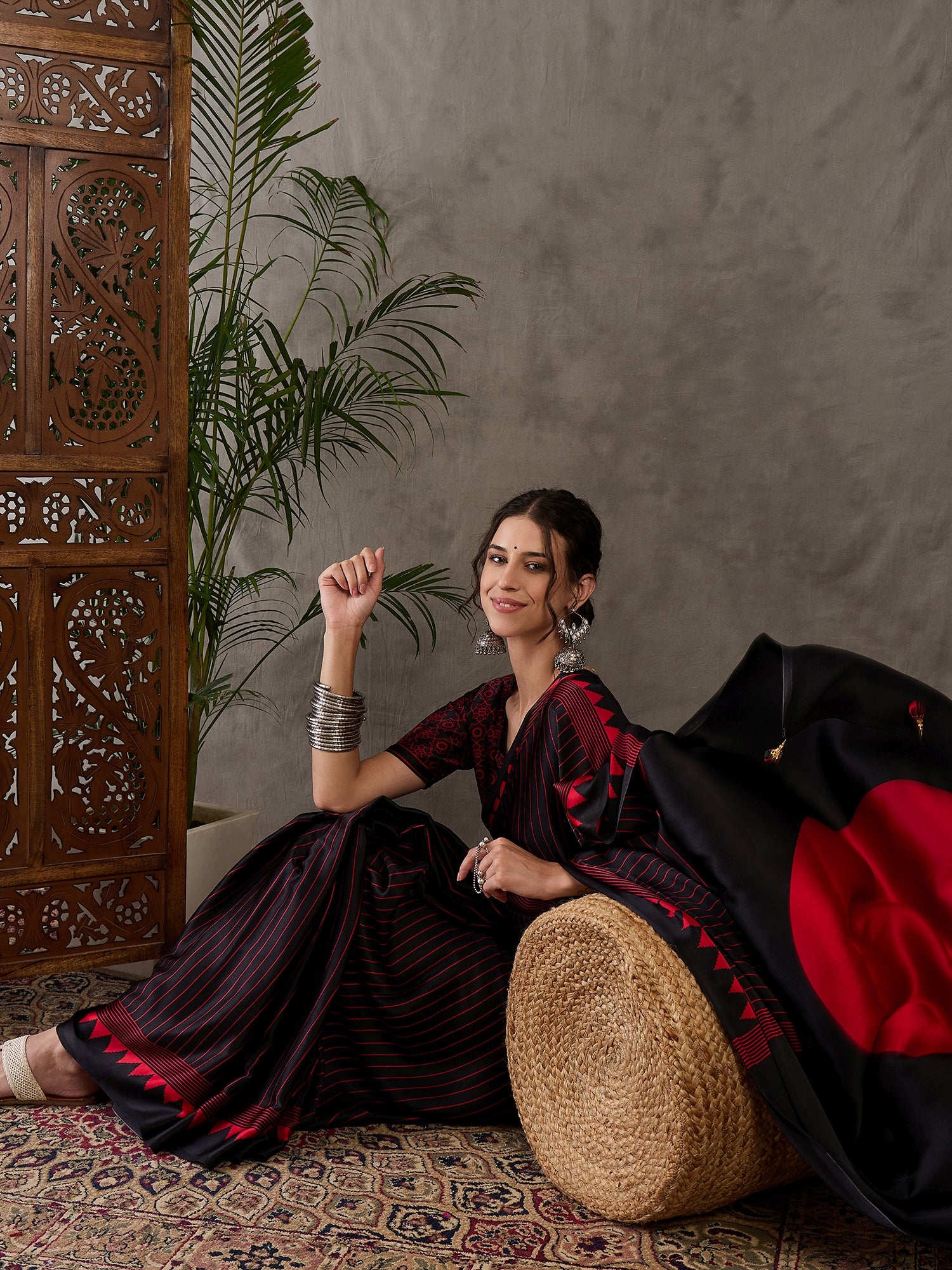 Black Pure Semi Modal Silk Ajarkh Printed Saree ##color## Floral Printed Saree with premium fabric and embroidery