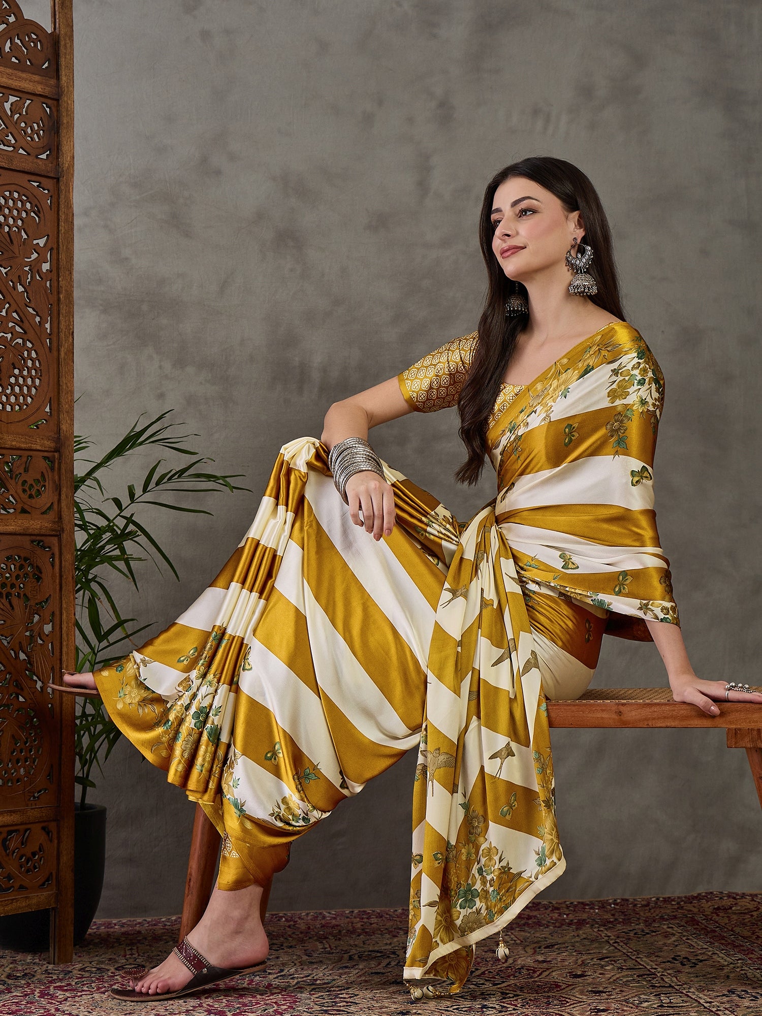 Yellow Pure Semi Modal Japan Silk Ajarkh Printed Saree 