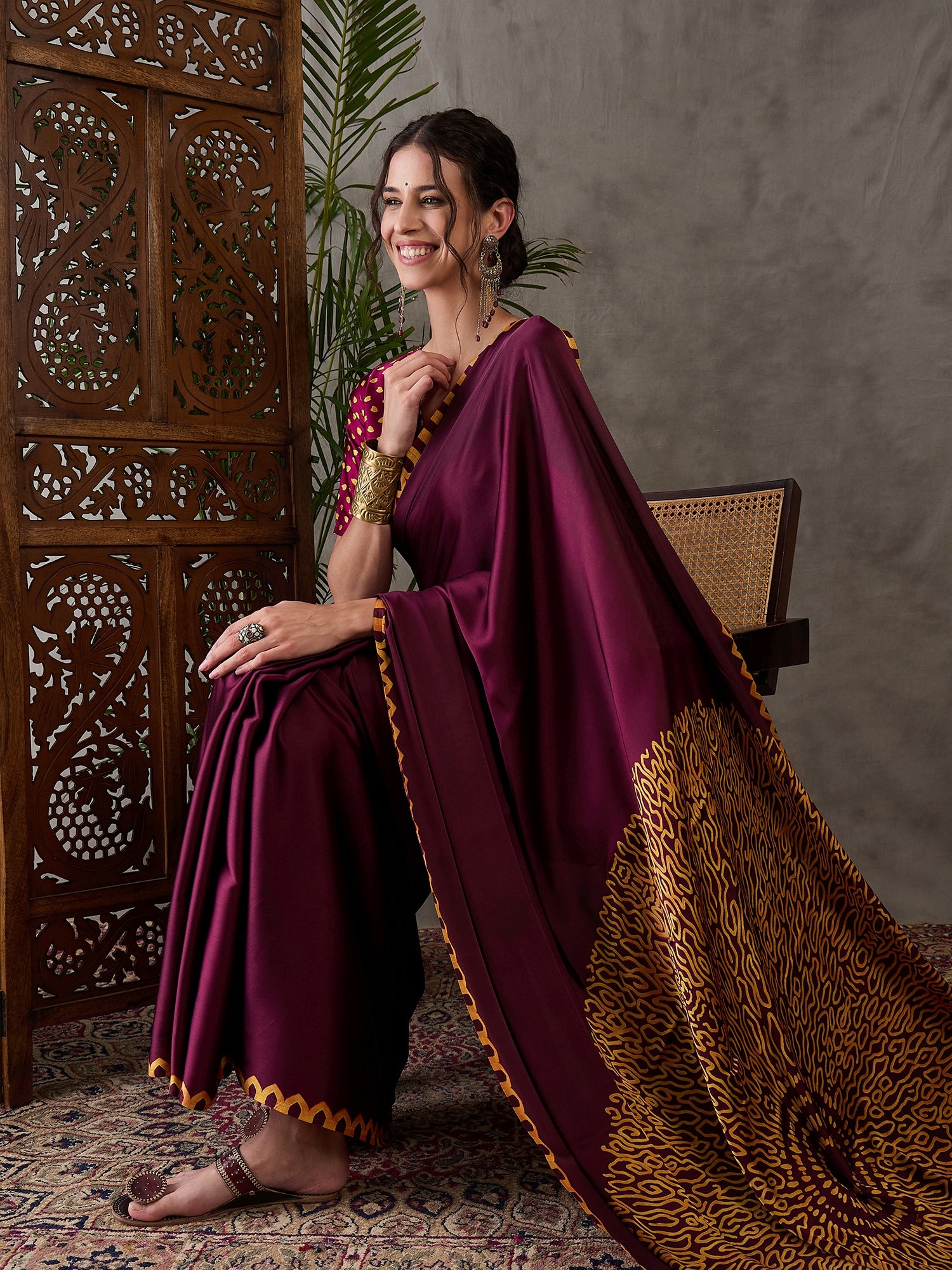 Maroon Pure Semi Modal Japan Silk Ajarkh Printed Saree 