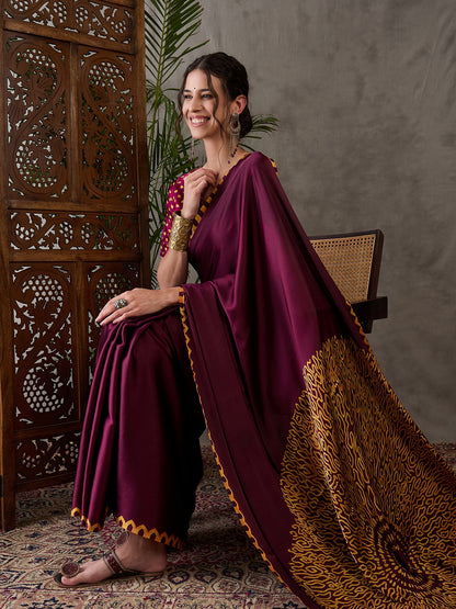 Maroon Pure Semi Modal Japan Silk Ajarkh Printed Saree 