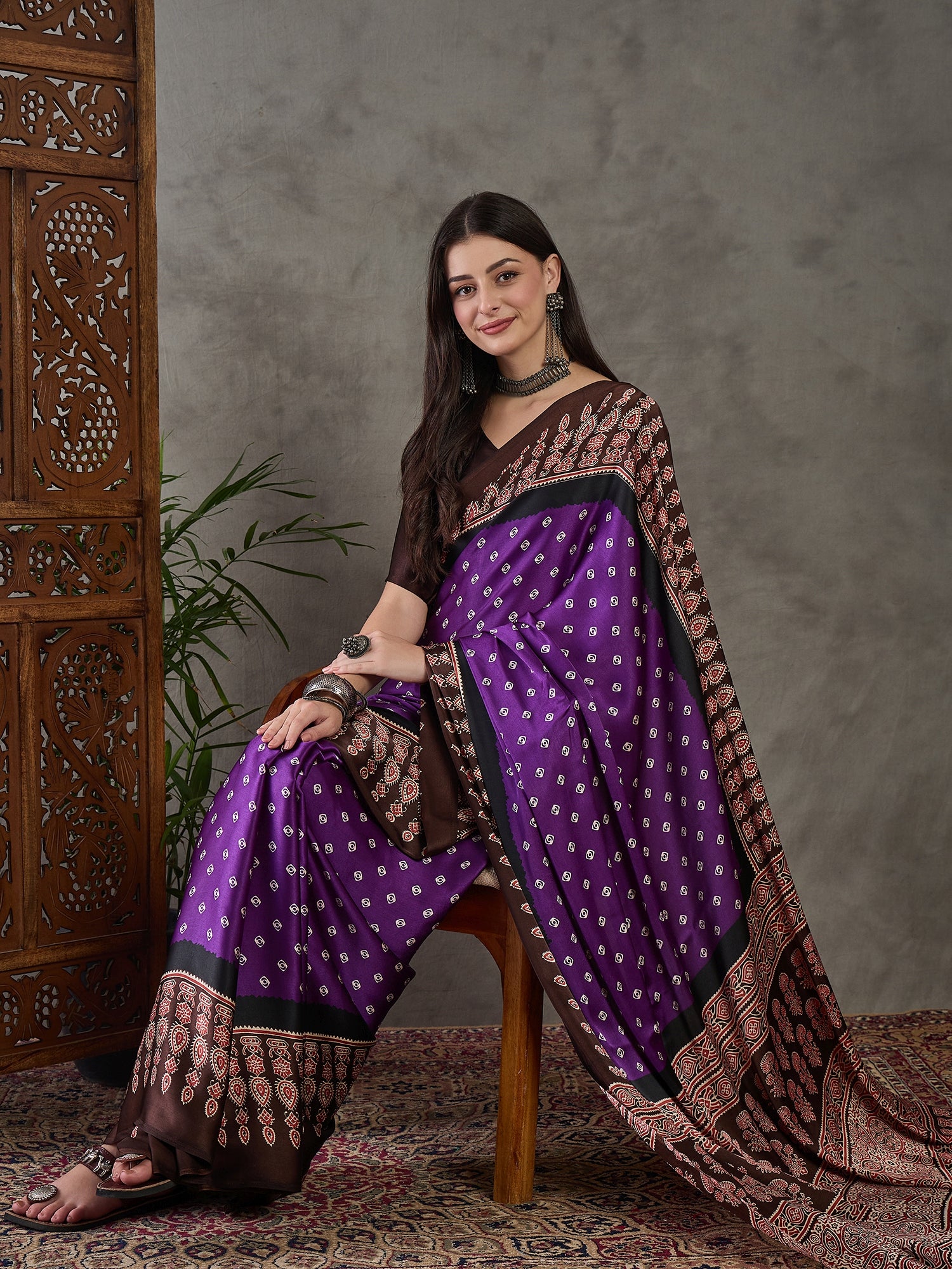 Violet Pure Semi Modal Silk Ajarkh Printed Saree 