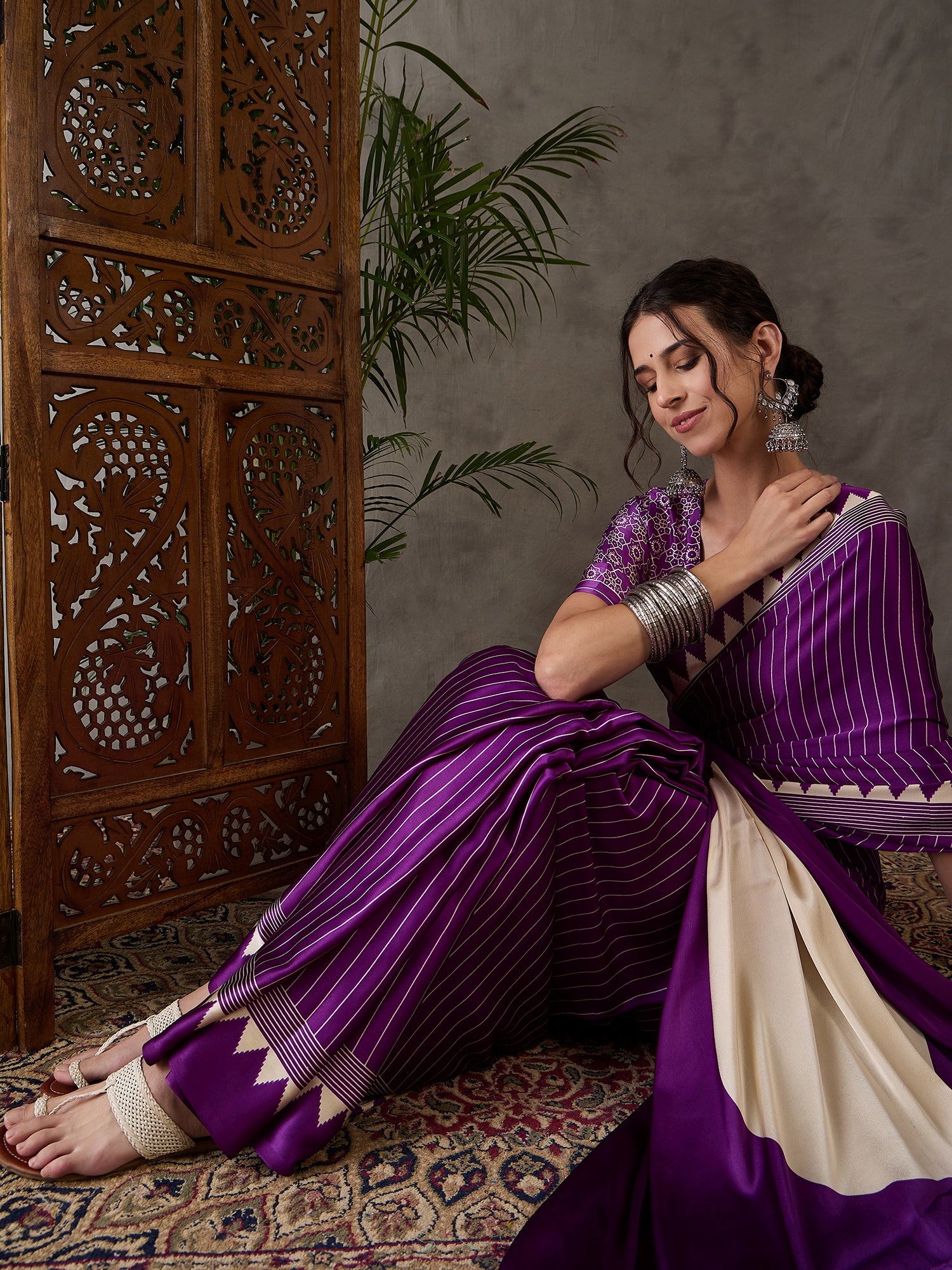 Purple Pure Semi Modal Silk Ajarkh Printed Saree ##color## Floral Printed Saree with premium fabric and embroidery