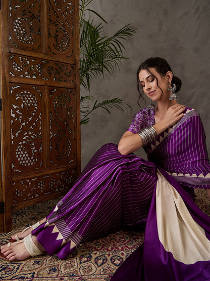 Purple Pure Semi Modal Silk Ajarkh Printed Saree 