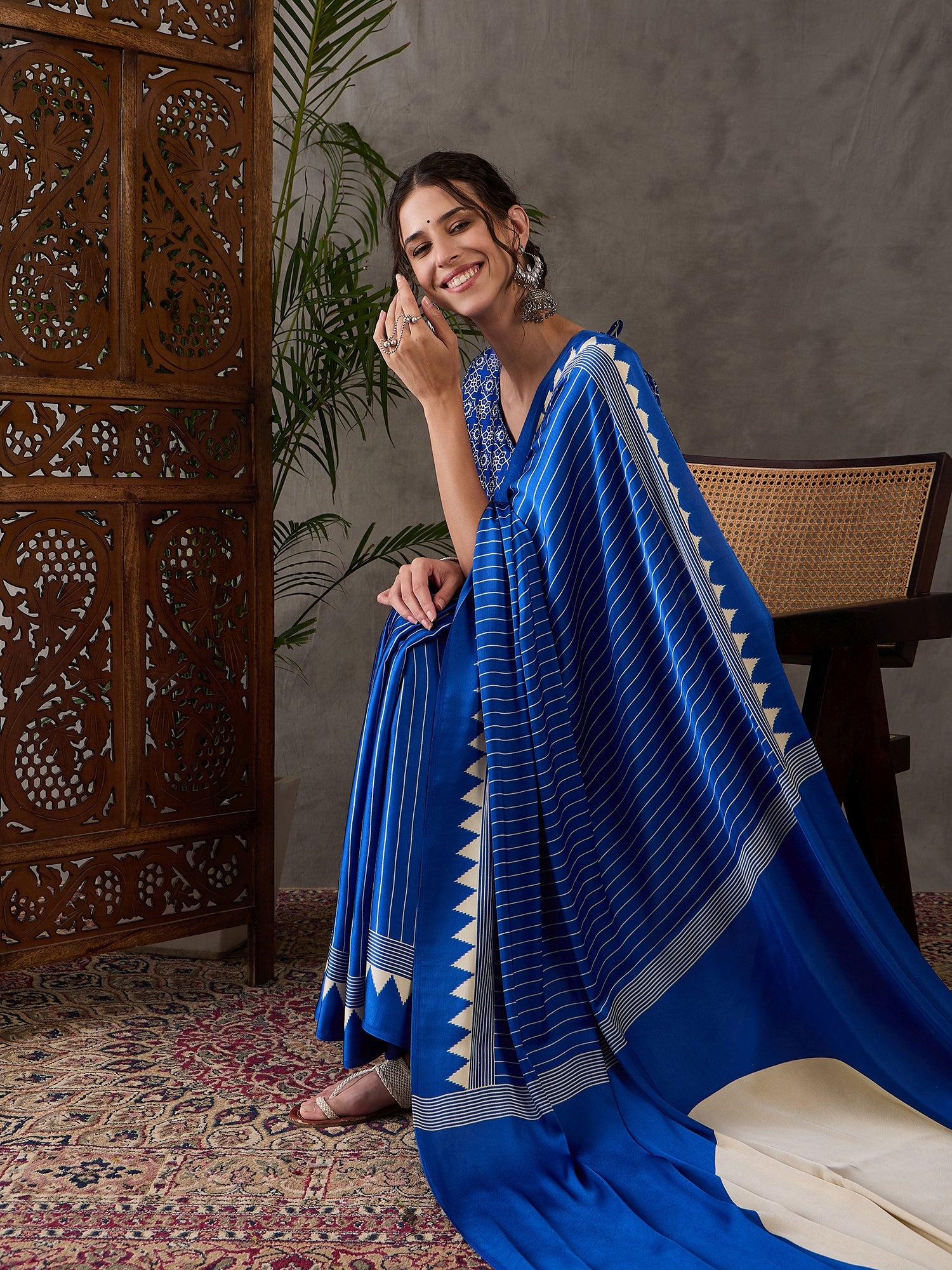 Blue Pure Semi Modal Silk Ajarkh Printed Saree ##color## Floral Printed Saree with premium fabric and embroidery