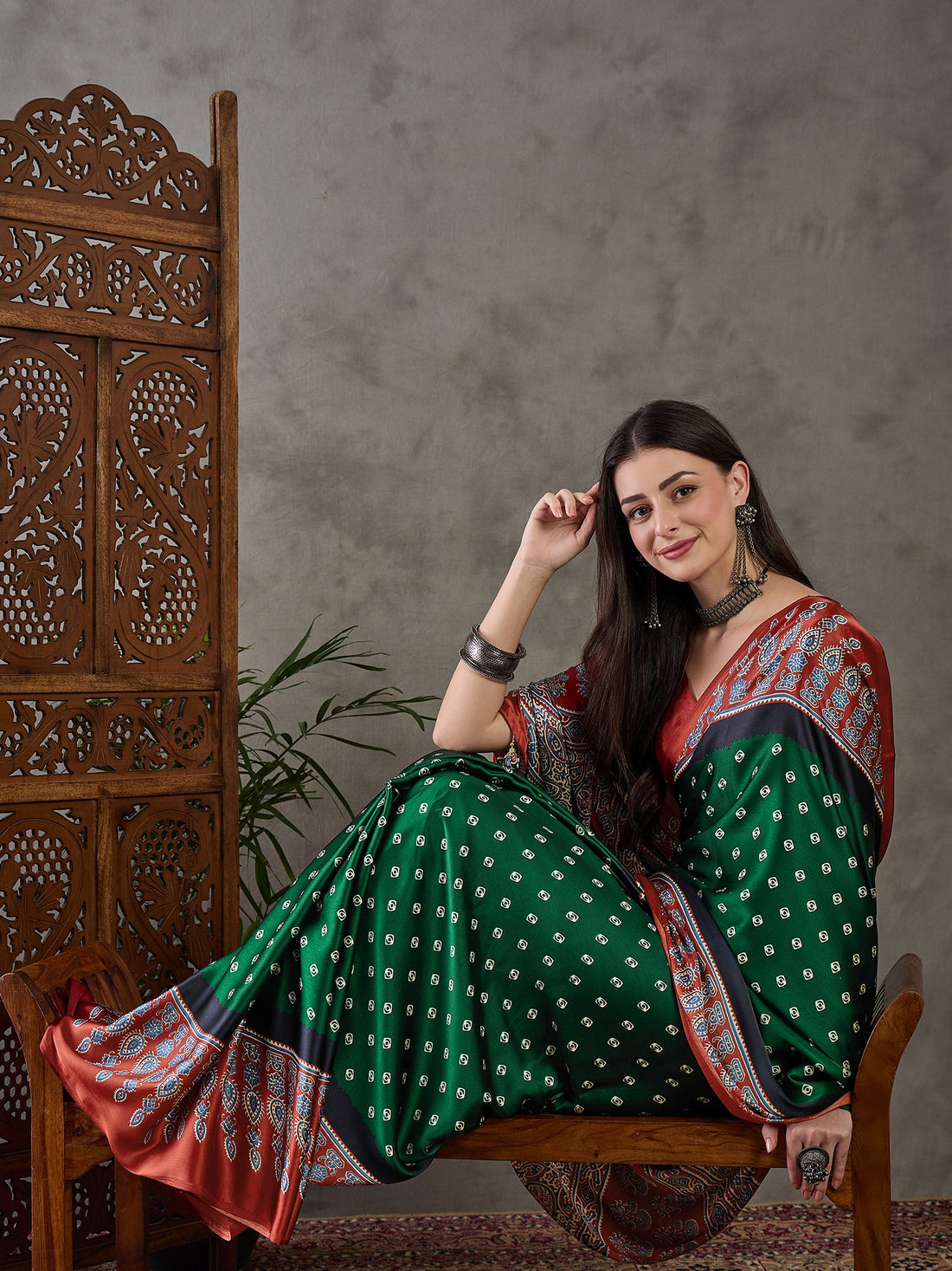 Green Pure Semi Modal Silk Ajarkh Printed Saree 
