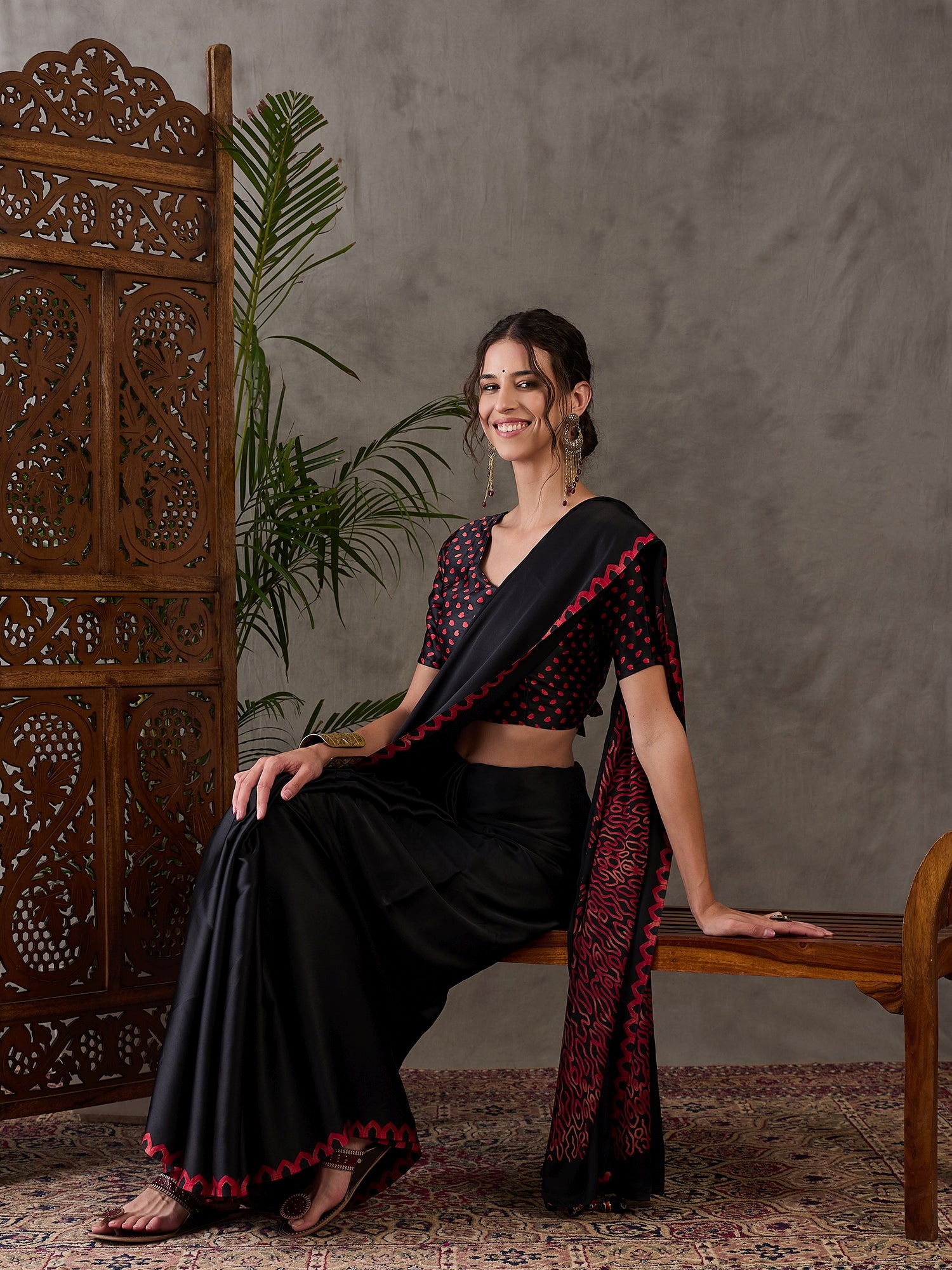 Black Pure Semi Modal Japan Silk Ajarkh Printed Saree ##color## Floral Printed Saree with premium fabric and embroidery