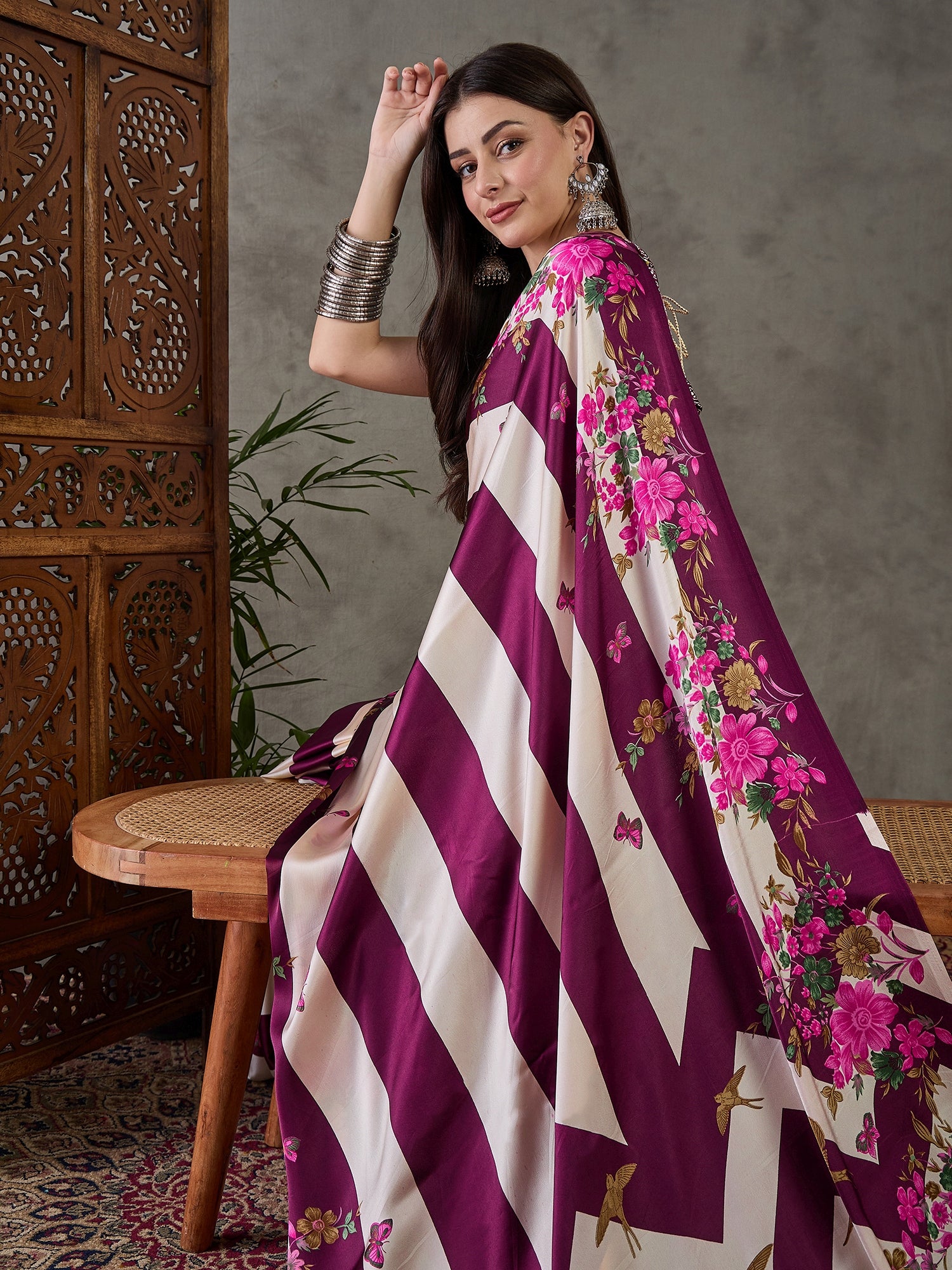 Purple Pure Semi Modal Japan Silk Ajarkh Printed Saree 