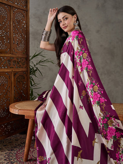 Purple Pure Semi Modal Japan Silk Ajarkh Printed Saree 