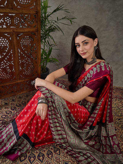 Red Pure Semi Modal Silk Ajarkh Printed Saree 