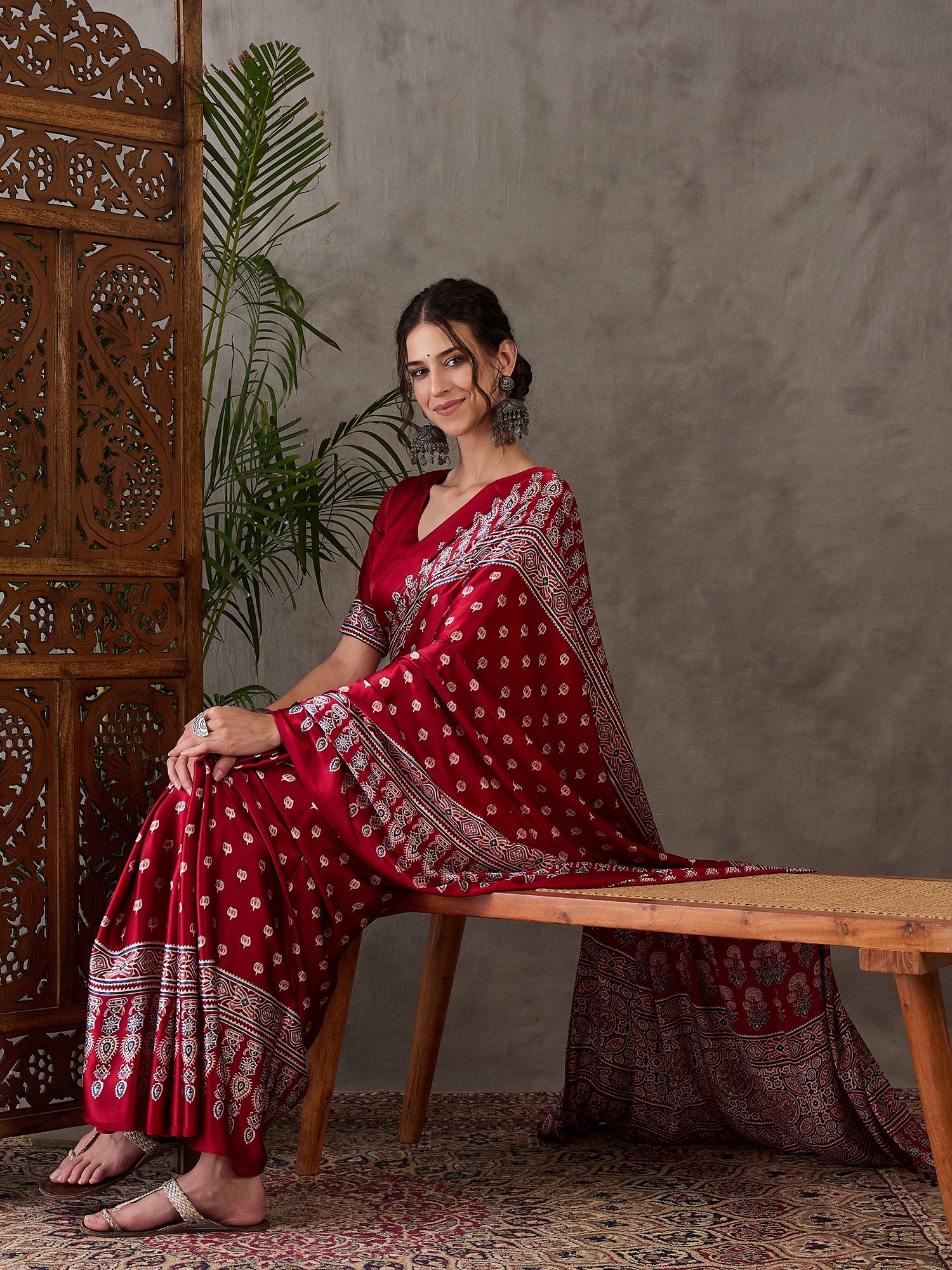 Red Pure Semi Modal Silk Floral Printed Saree 
