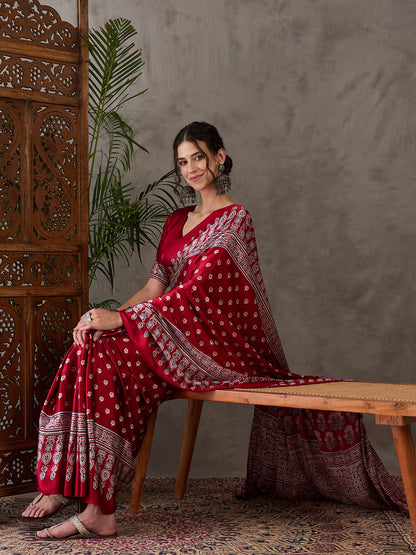 Red Pure Semi Modal Silk Floral Printed Saree 