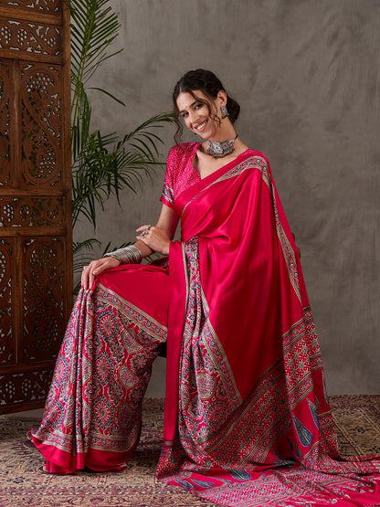 Pink Pure Semi Modal Silk Floral Printed Saree 