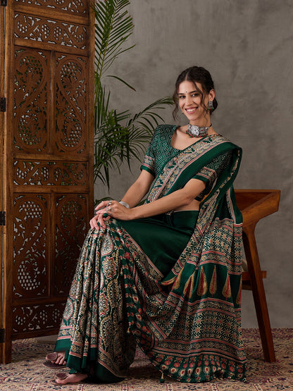 Green Pure Semi Modal Silk Floral Printed Saree 
