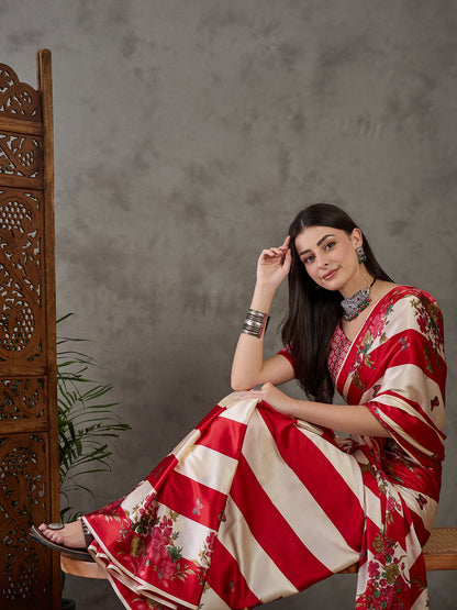 Red Pure Semi Modal Japan Silk Ajarkh Printed Saree 