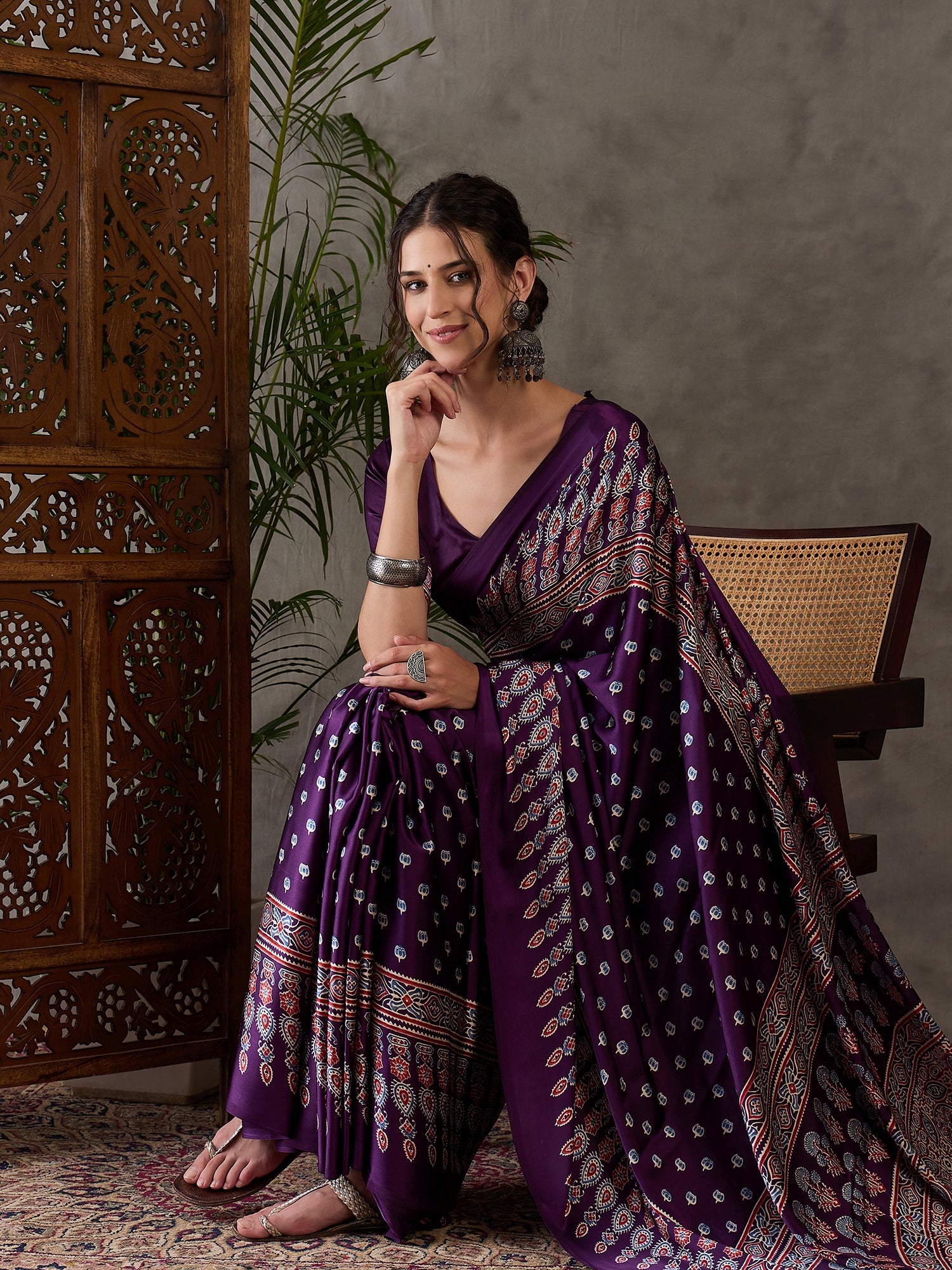 Purple Pure Semi Modal Silk Floral Printed Saree 