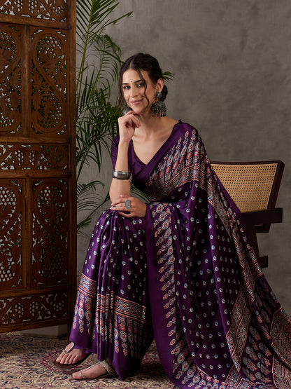 Purple Pure Semi Modal Silk Floral Printed Saree 