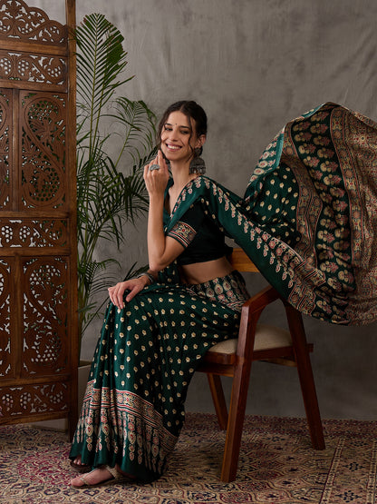 Green Pure Semi Modal Silk Floral Printed Saree 