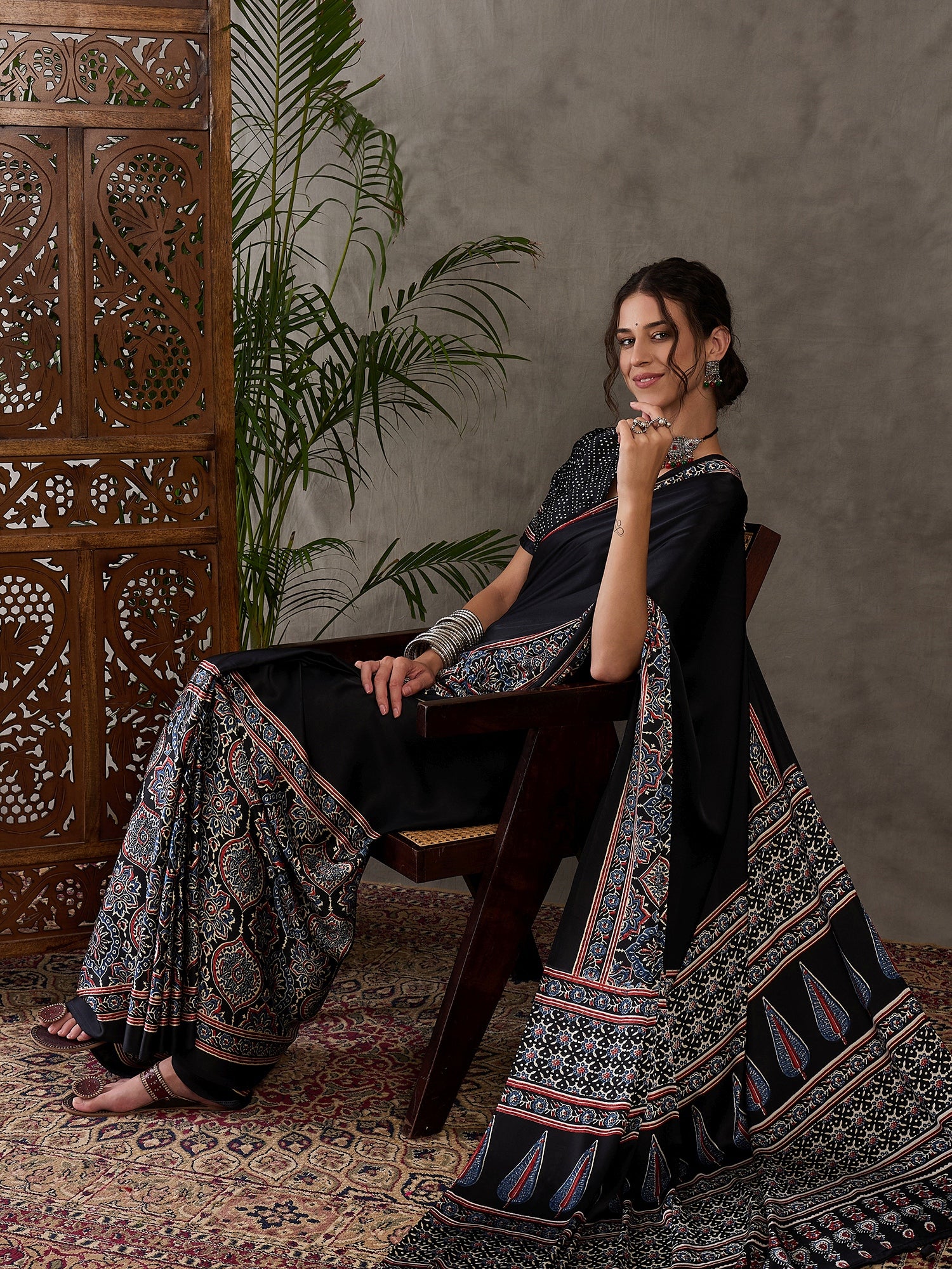 Black Pure Semi Modal Silk Floral Printed Saree 