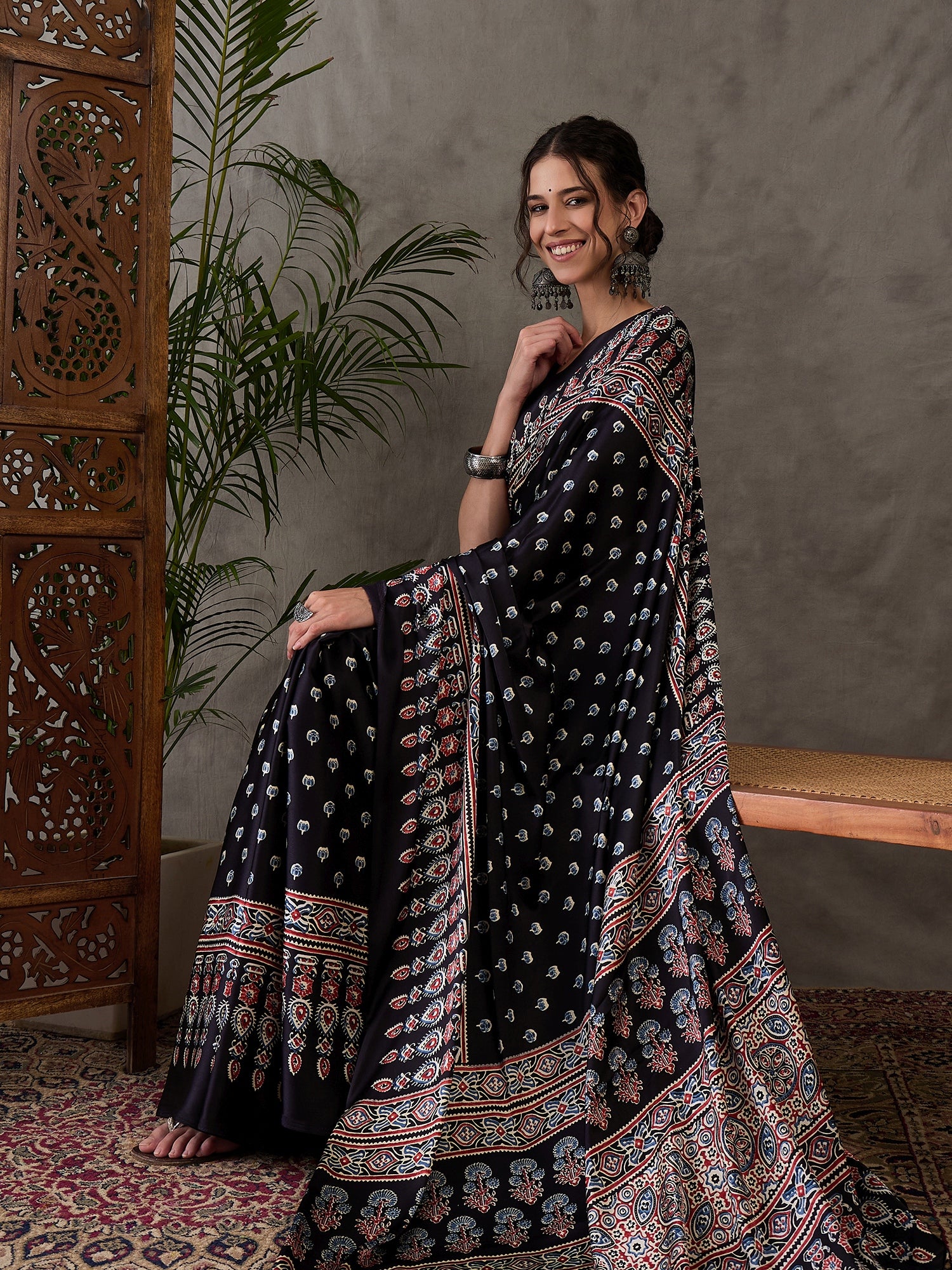 Black Pure Semi Modal Silk Floral Printed Saree 
