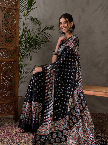 Black Pure Semi Modal Silk Floral Printed Saree 