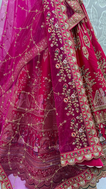 Pink Pure Soft Gadwal Silk Heavy Embroidery Work Bridal Lehenga 