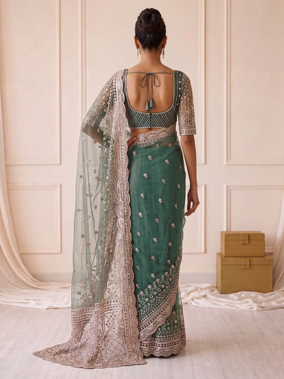 Green Pure Premium Net Handwork Kasti &amp; Motif Zari Metallic Sequins Work Wedding Saree
