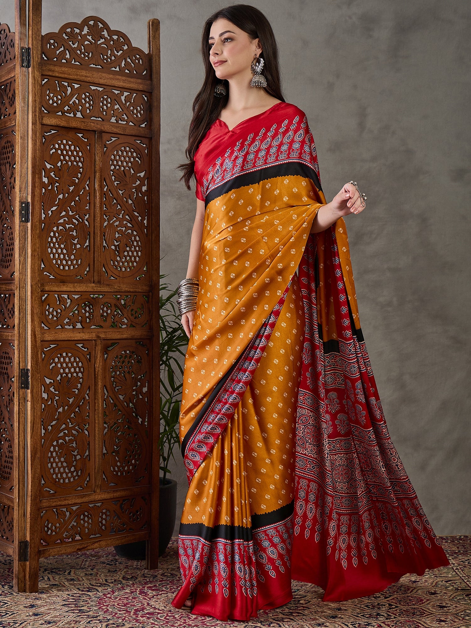 Mustard Pure Semi Modal Silk Ajarkh Printed Saree