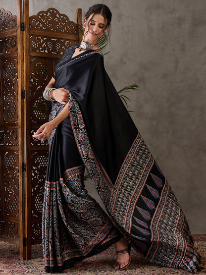 Black Pure Semi Modal Silk Floral Printed Saree 