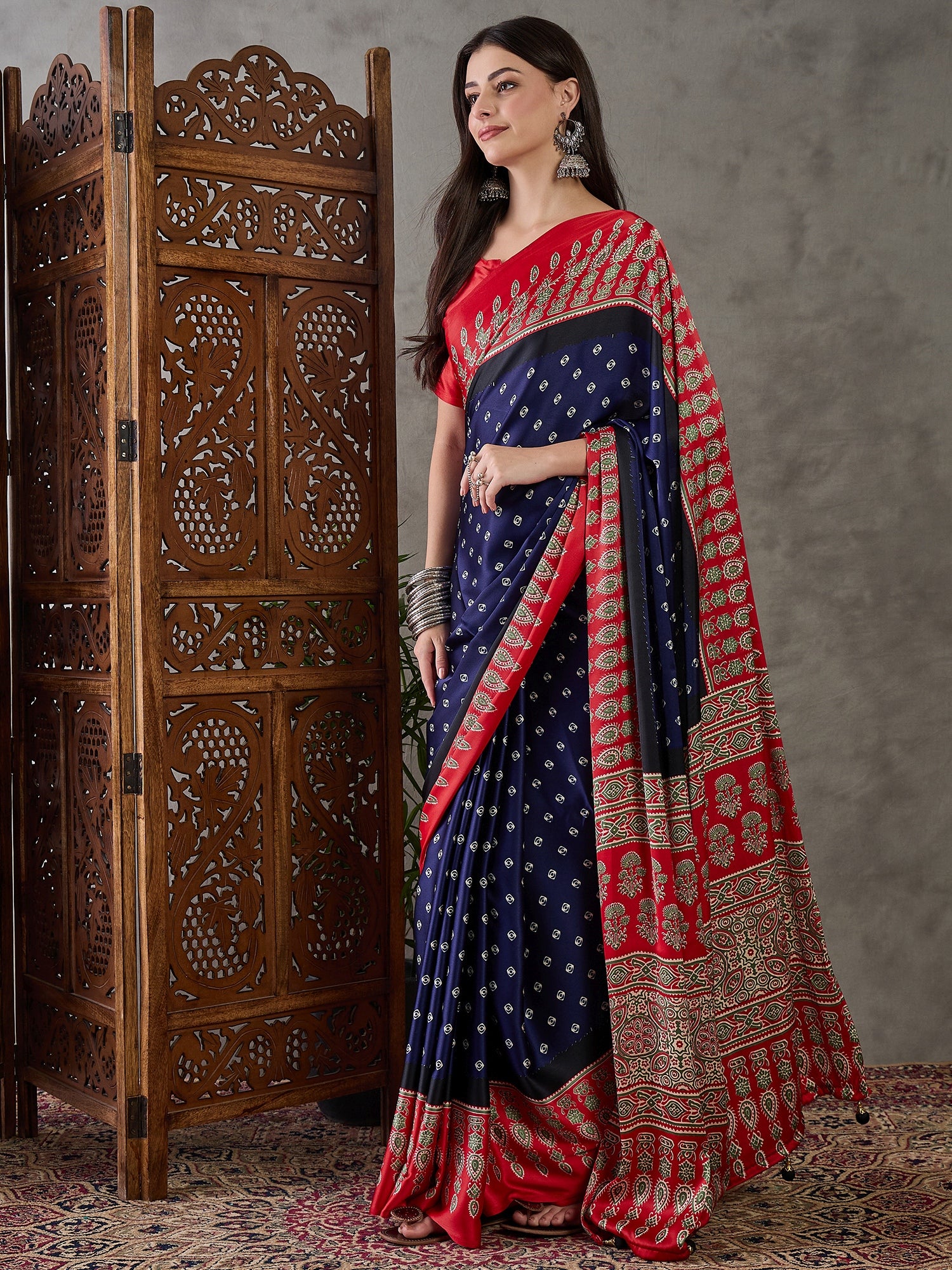 Blue Pure Semi Modal Silk Ajarkh Printed Saree