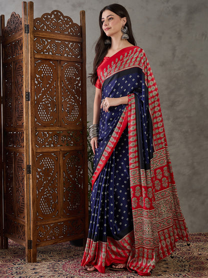 Blue Pure Semi Modal Silk Ajarkh Printed Saree
