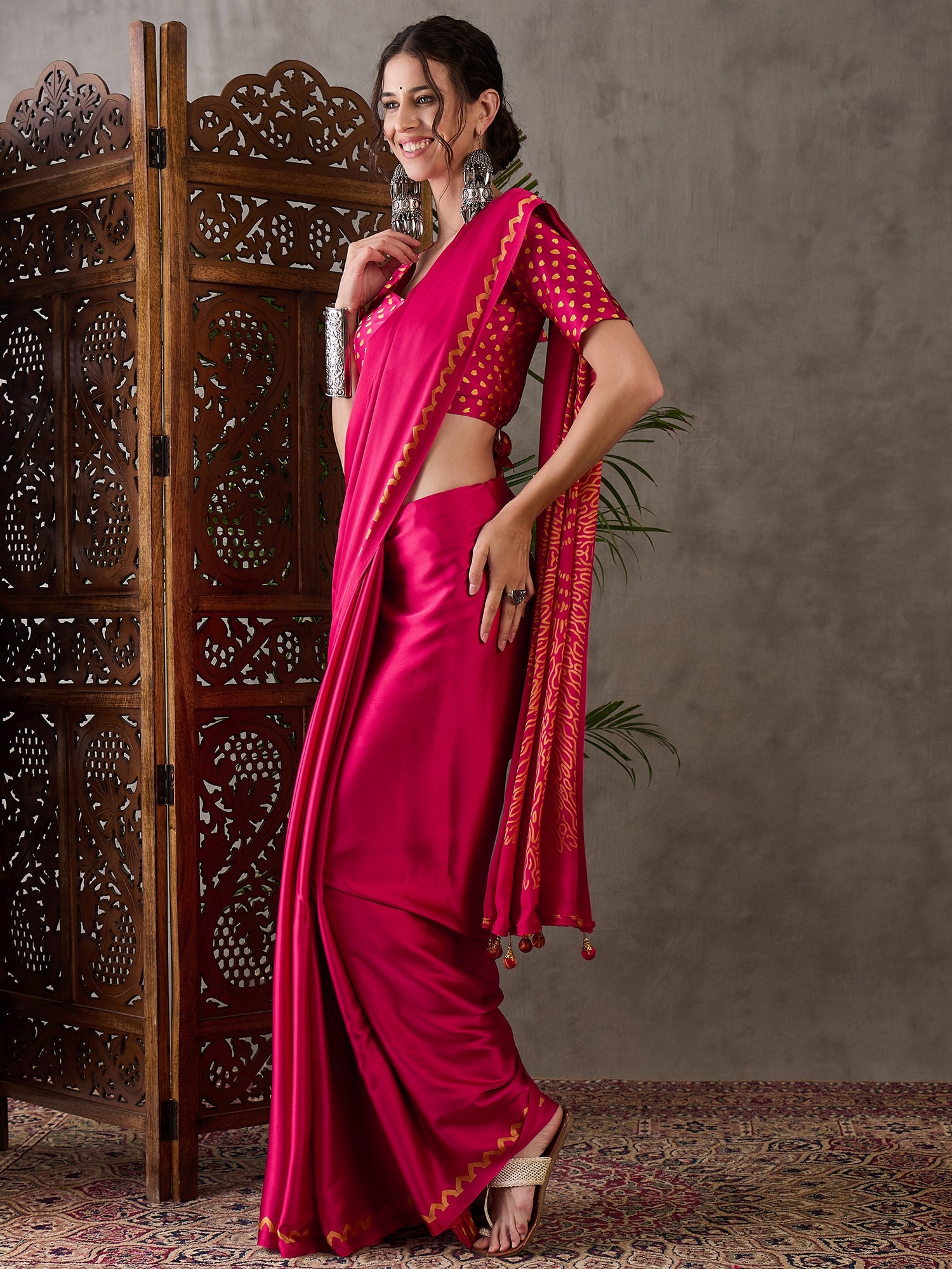 Pink Pure Semi Modal Japan Silk Ajarkh Printed Saree 