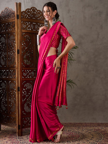 Pink Pure Semi Modal Japan Silk Ajarkh Printed Saree 