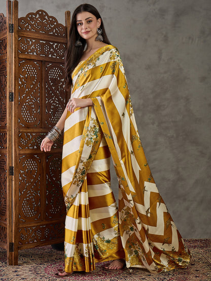 Yellow Pure Semi Modal Japan Silk Ajarkh Printed Saree 