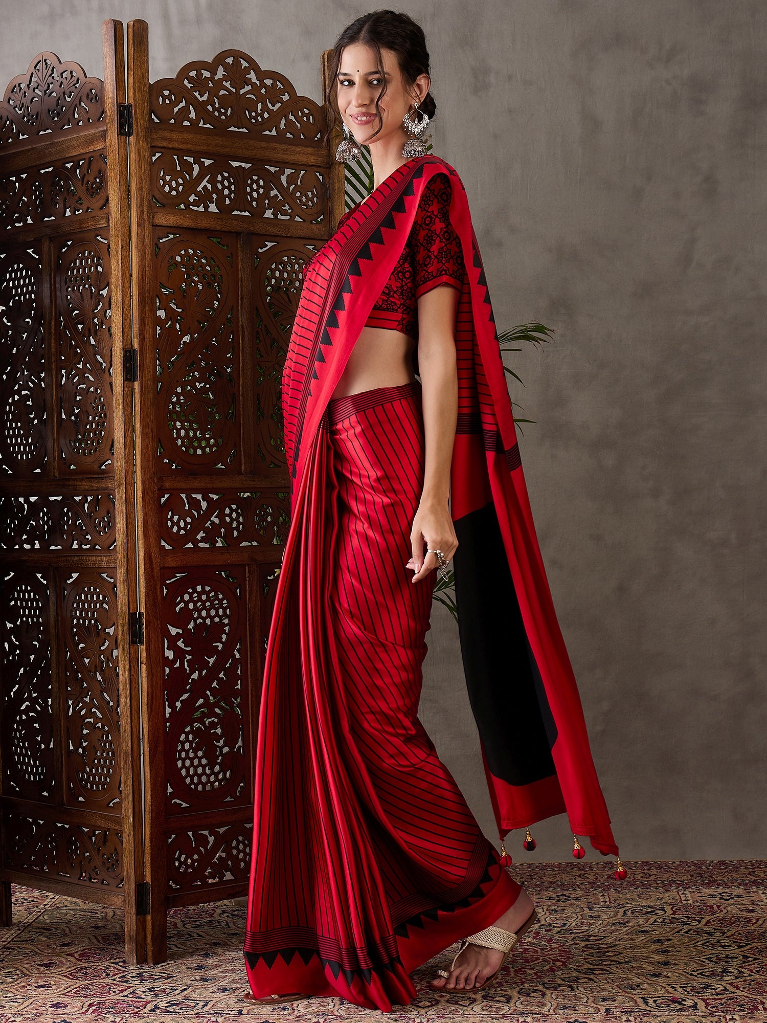Red Pure Semi Modal Silk Ajarkh Printed Saree ##color## Floral Printed Saree with premium fabric and embroidery