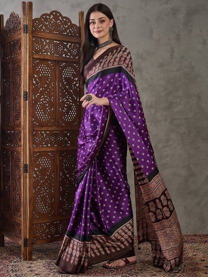 Violet Pure Semi Modal Silk Ajarkh Printed Saree 