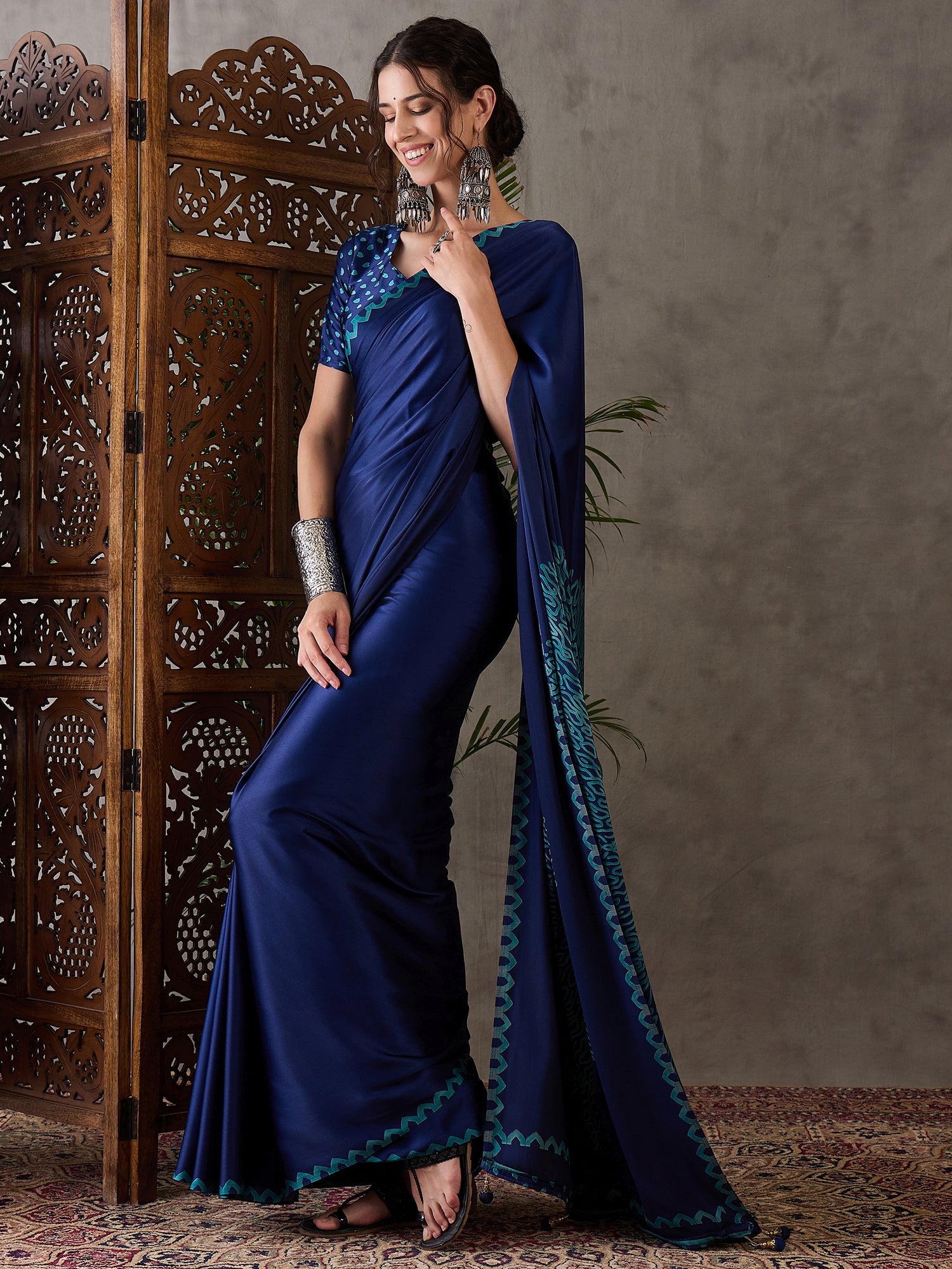 Blue Pure Semi Modal Japan Silk Ajarkh Printed Saree ##color## Floral Printed Saree with premium fabric and embroidery