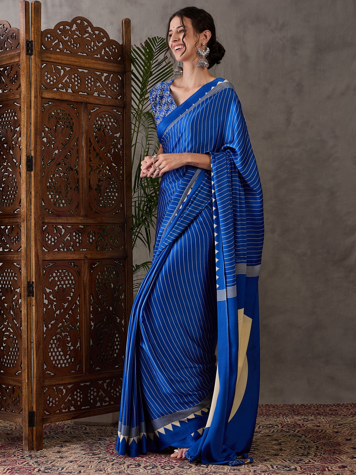 Blue Pure Semi Modal Silk Ajarkh Printed Saree ##color## Floral Printed Saree with premium fabric and embroidery