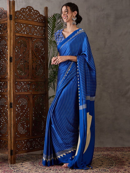 Blue Pure Semi Modal Silk Ajarkh Printed Saree 
