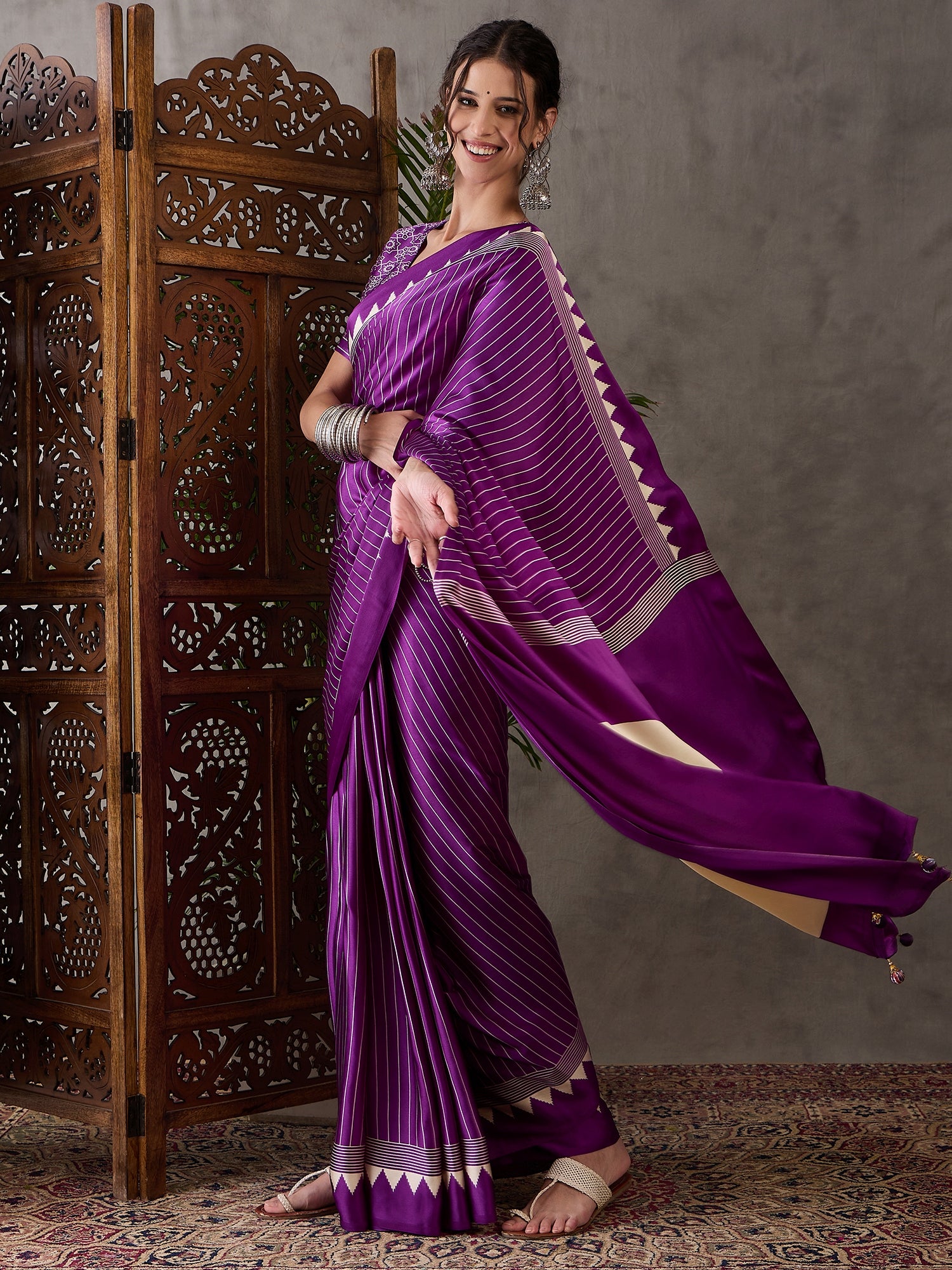 Purple Pure Semi Modal Silk Ajarkh Printed Saree ##color## Floral Printed Saree with premium fabric and embroidery