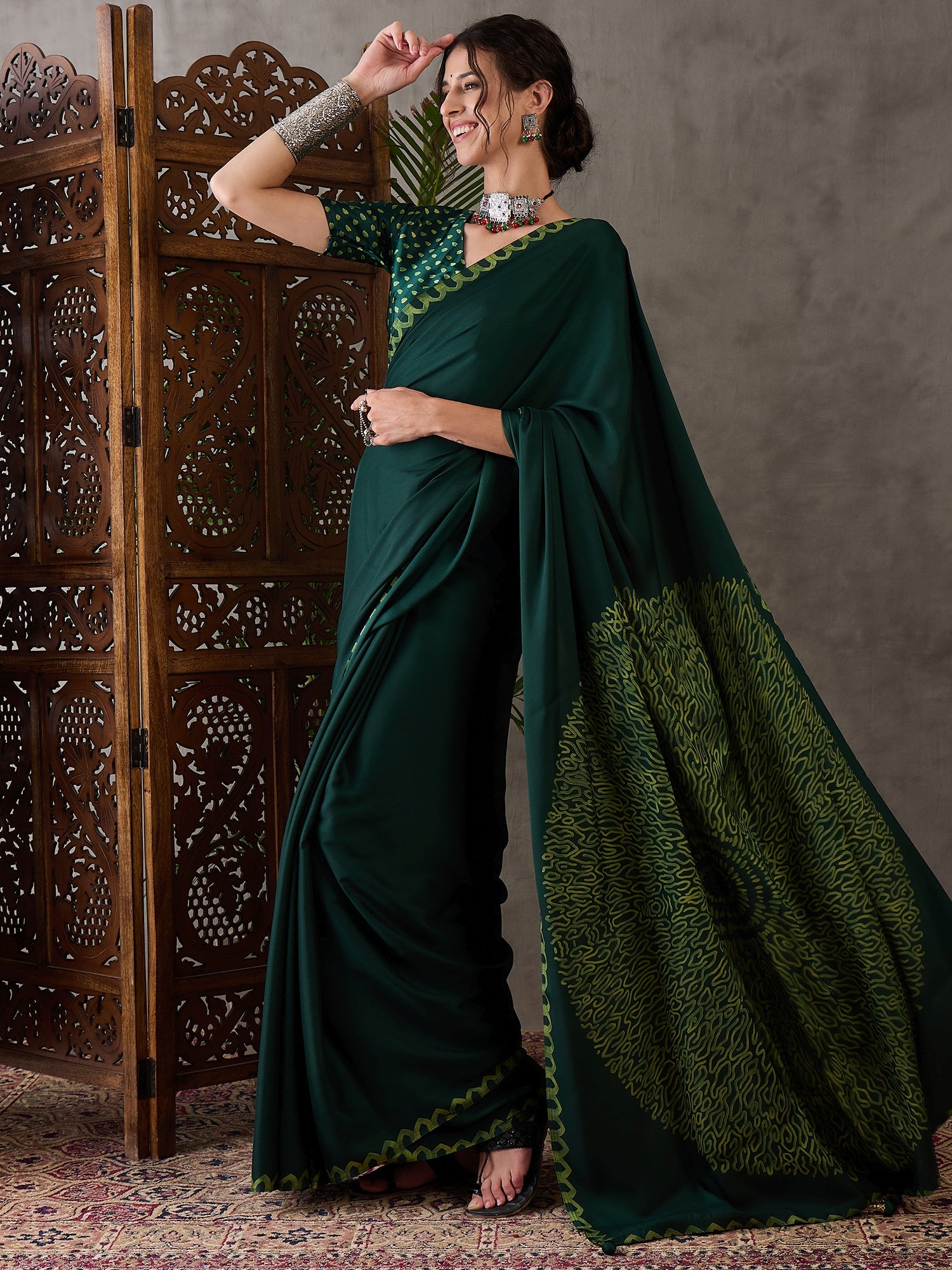 Green Pure Semi Modal Japan Silk Ajarkh Printed Saree ##color## Floral Printed Saree with premium fabric and embroidery