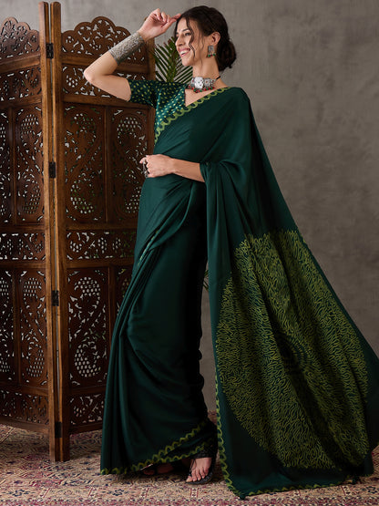 Green Pure Semi Modal Japan Silk Ajarkh Printed Saree 