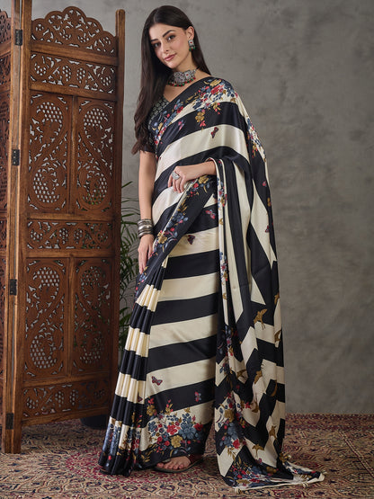 Black Pure Semi Modal Japan Silk Ajarkh Printed Saree 